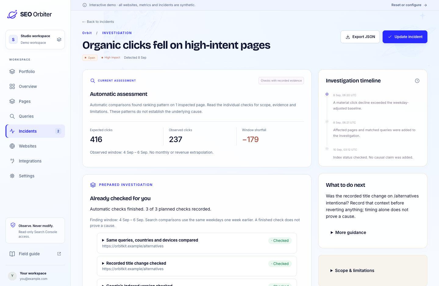 From an email alert to the investigation behind it: SEO Orbiter interface.