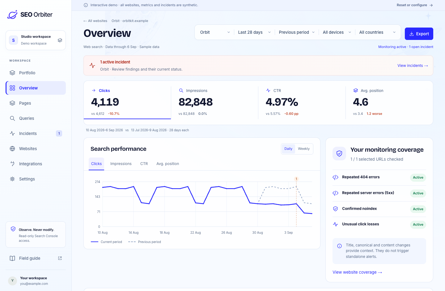 Clicks, impressions and the pages behind the change: SEO Orbiter interface.